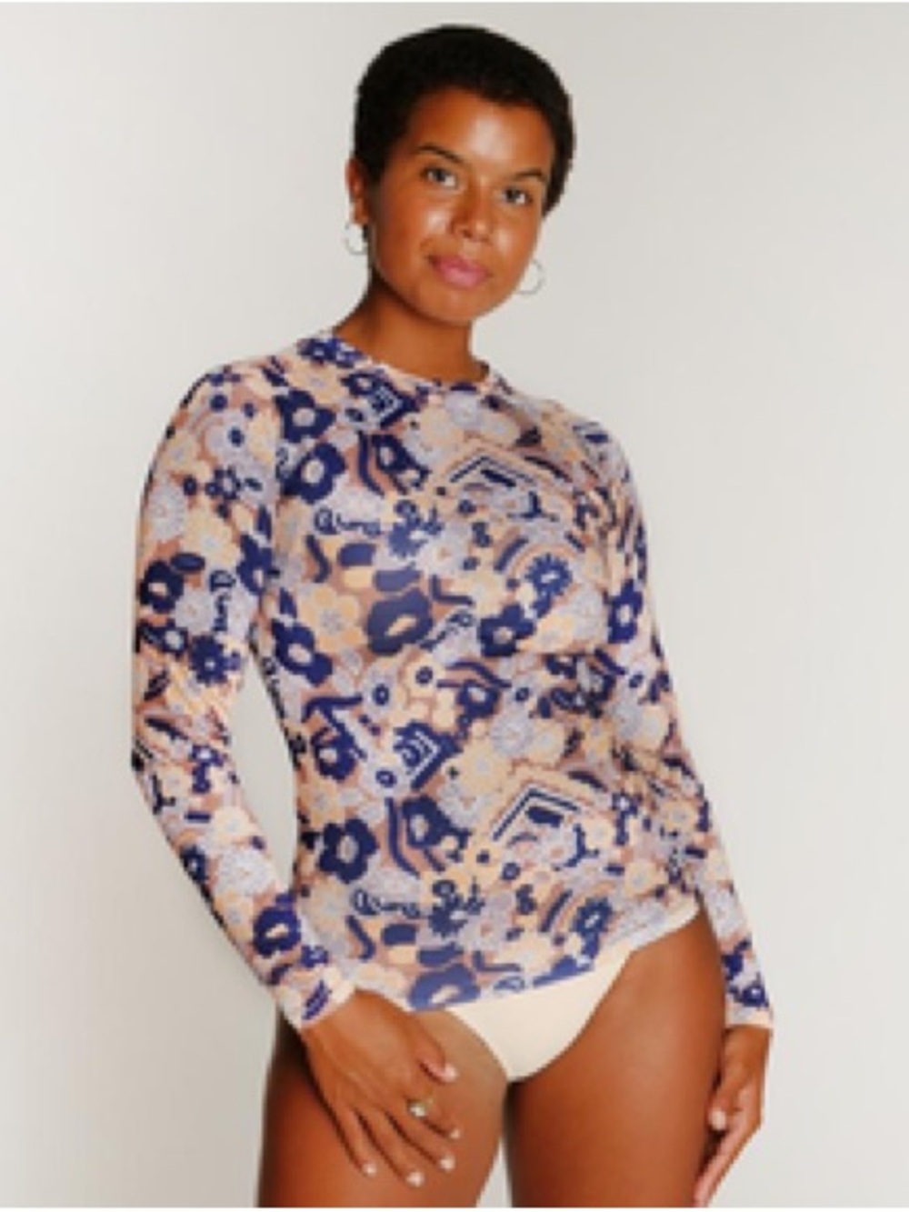 Seea Women's Doheny Floral Long Sleeve Swim Top in Navy and Orange